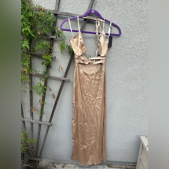 Michael Costello x REVOLVE Josie Cut Out Gown in Nude Satin Halter Maxi Dress - Picture 3 of 7